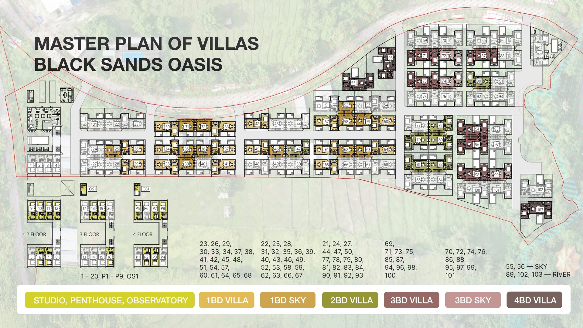 Black Sands Oasis master plan, color-coded by villa type