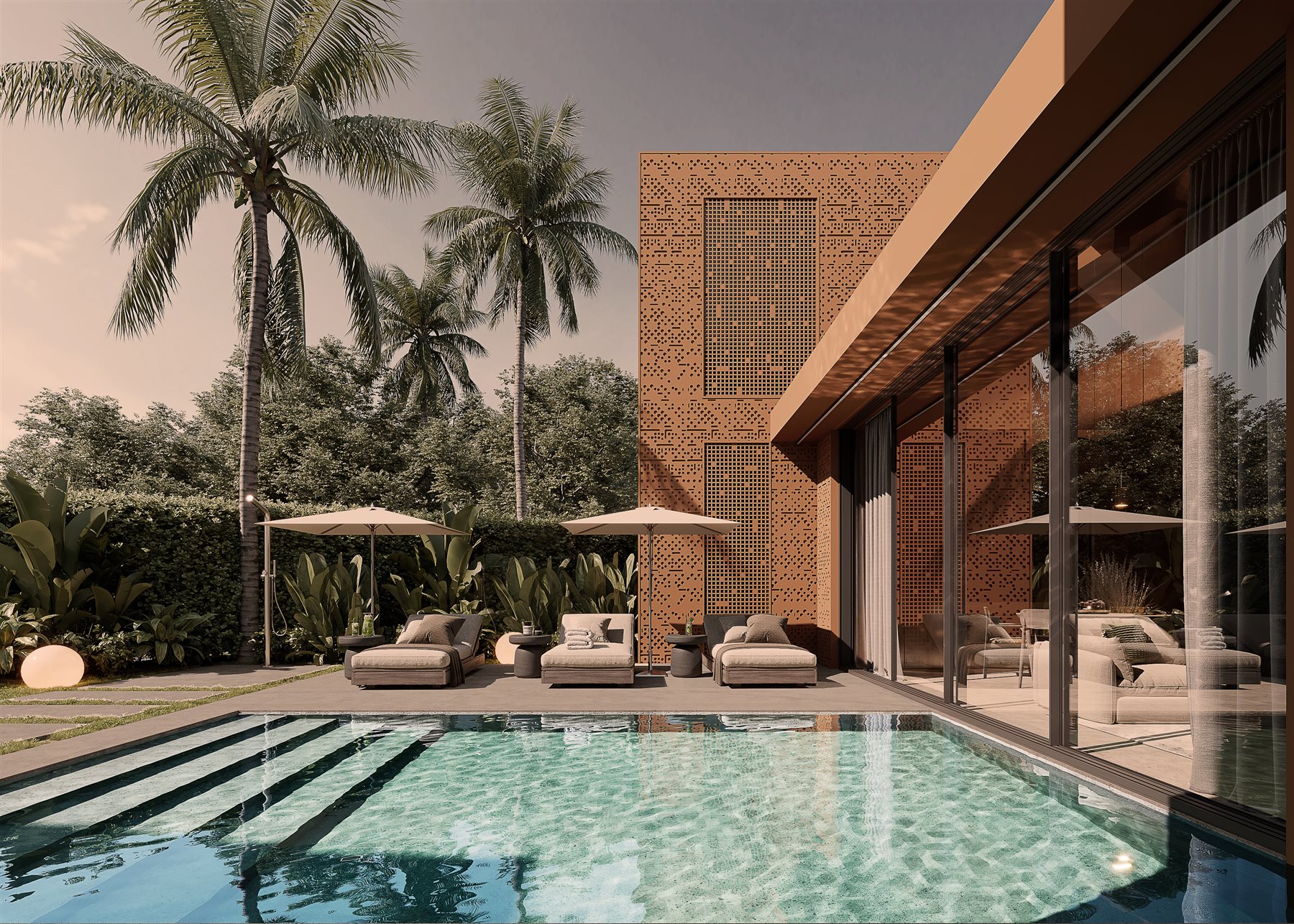 Floor-to-ceiling glass doors of a Black Sands Oasis villa