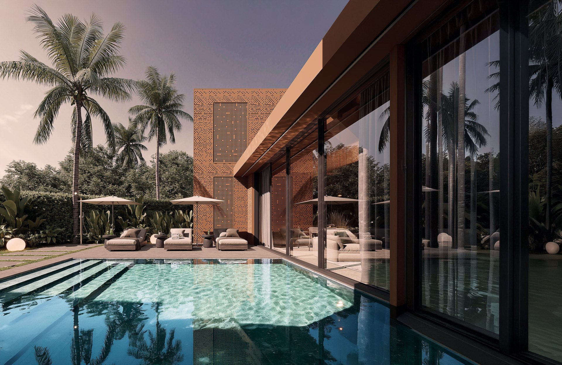 Private villa pool behind the facade screen